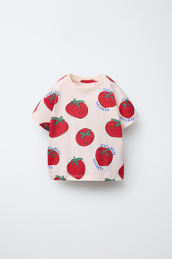 ZARA ПИЖАМА С ФУТБОЛКОЙ И ШОРТАМИ С ПРИНТОМ «ПОМИДОРЫ», ЭКРЮ