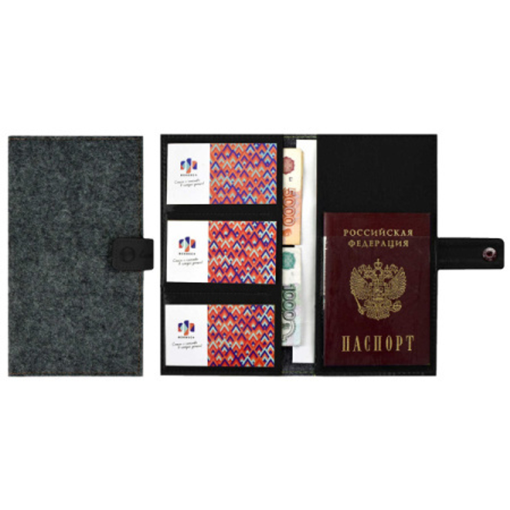Органайзер-обложка д/путешествий арт.45280/30 ФЕТР ГРАФИТ.+ФЕТР ЧЕРНЫЙ+САРИФ ЧЕРНЫЙ (200х110мм, 2 осн. отделения, 4 ПВХ-кармана, застежка на кнопке, аппликация инд. ПЭТ-упак.)