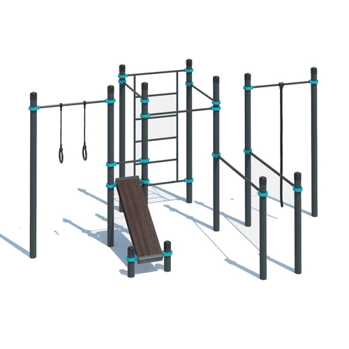 Воркаут-комплекс: канат, кольца, шведская стенка, 3 турника, брусья и наклонная скамья