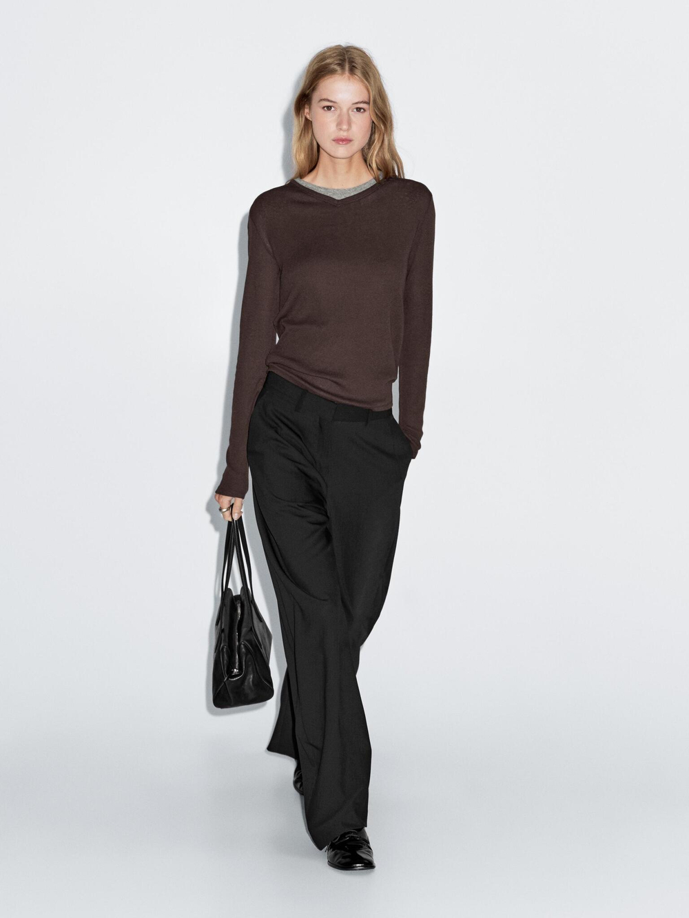 Massimo Dutti Футболка из смесового хлопка с двойным воротником, коричневый