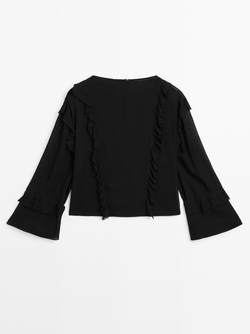Massimo Dutti Блуза из струящейся ткани с воланами и молнией, черный