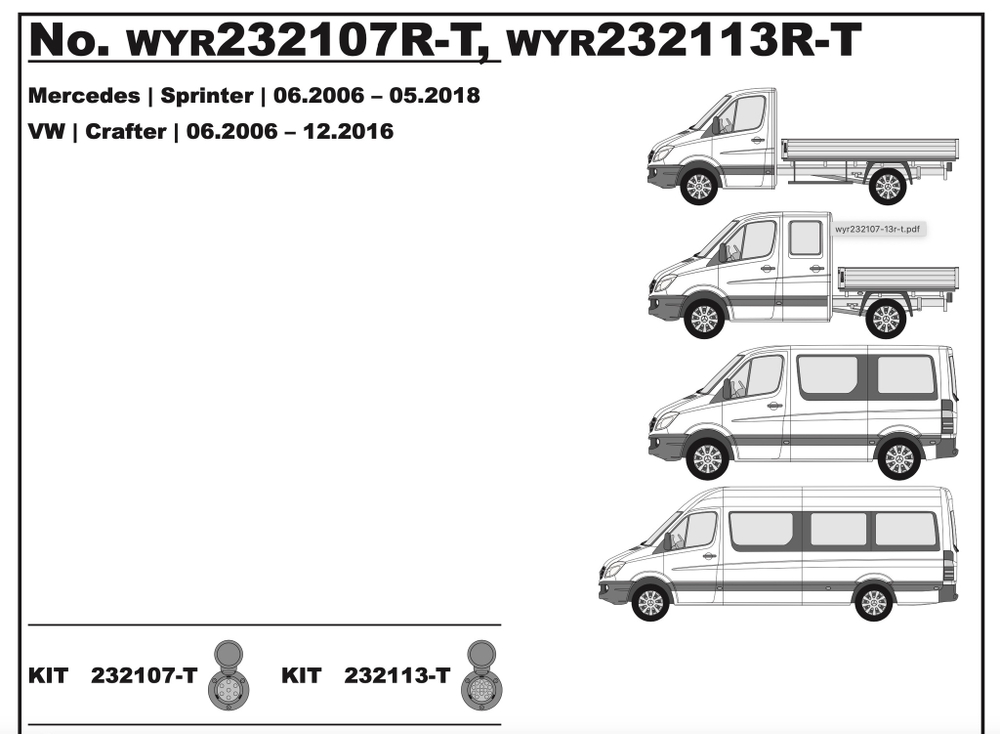Штатная электрика для фаркопа с розеткой 13-pin, для Mercedes-Benz Sprinter, Volkswagen Crafter WYR232113R-T (Trail-Tec)