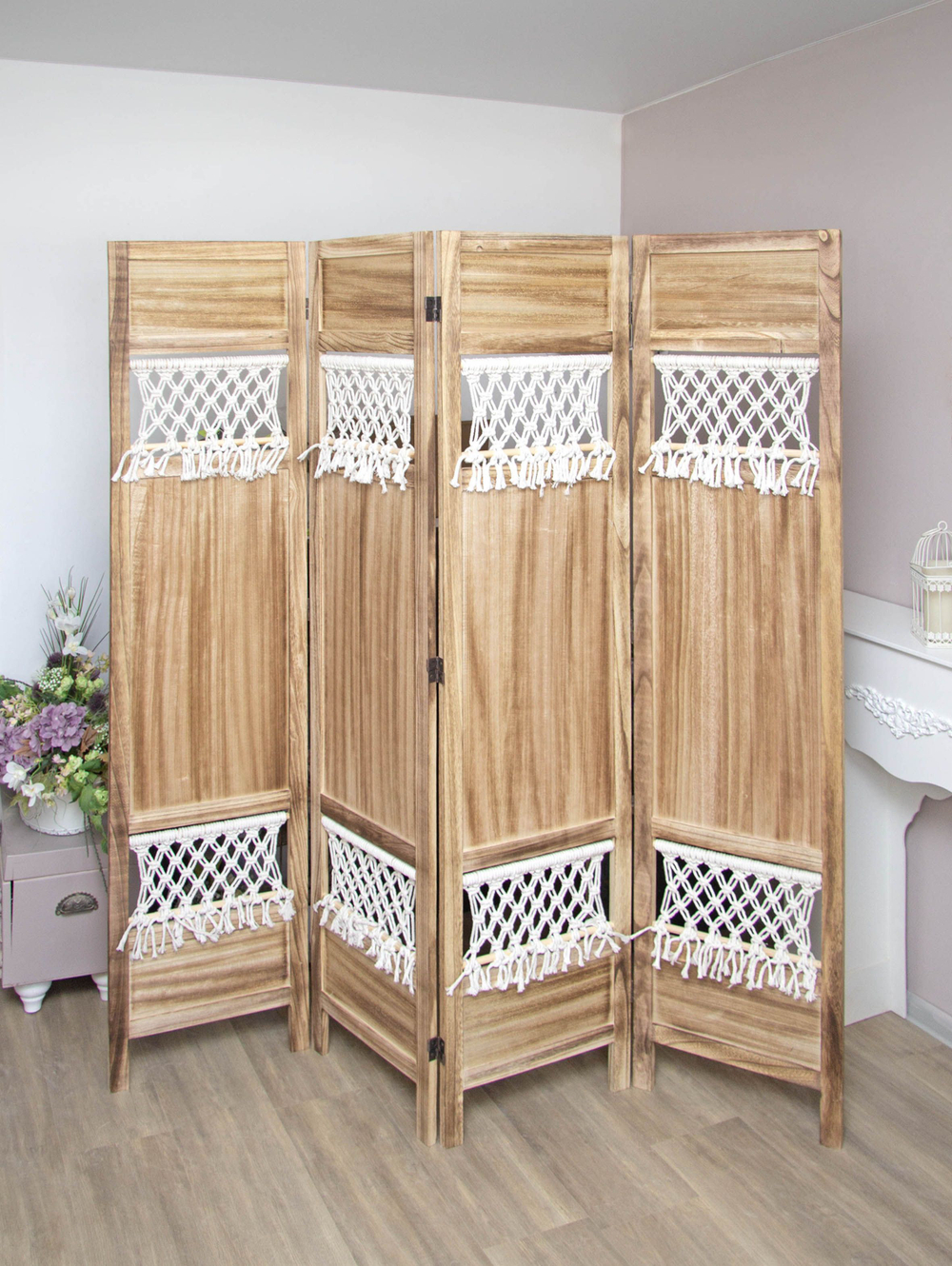 Ширма - перегородка для зонирования пространства деревянная с картинкой с обеих сторон "Райские птички", 3 створки, 480*1800 мм