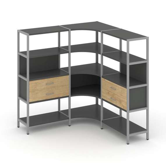 Shelf System Трехсекционный угловой стеллаж четырехярусный с ящиками SN.STMU-431 Антрацит/Тиквуд Све