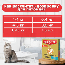 Капли на холку от клещей, блох и гельминтов для кошек от 1-4 кг Инсектал комбо К (Neoterica), 1 пипетка Фипронил/Моксидектин