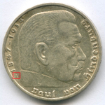5 марок 3 рейх 1936 год (A) орел без свастики XF-AU
