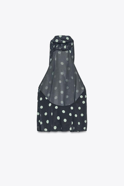 ZARA ТОП В ГОРОШЕК С ГОРЛОВИНОЙ ХАЛТЕР, МОРСКОЙ ТЕМНО-СИНИЙ