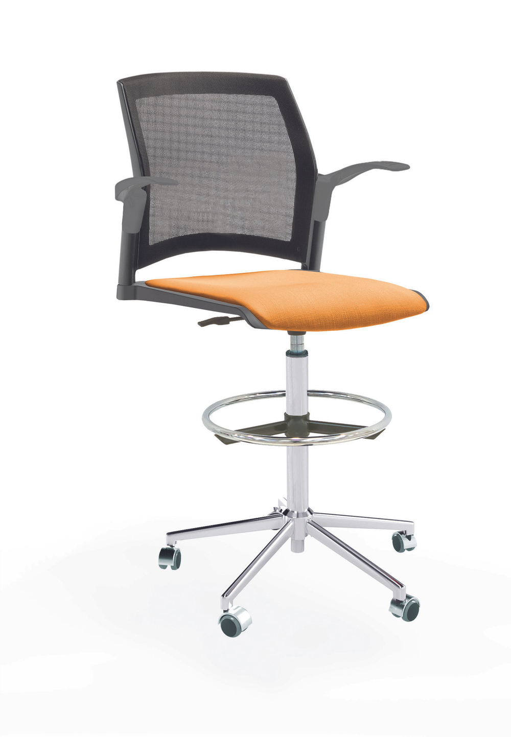 Кресло Rewind каркас хром, пластик серый, база стальная хромированная, с открытыми подлокотниками, сиденье оранжевое, спинка-сетка