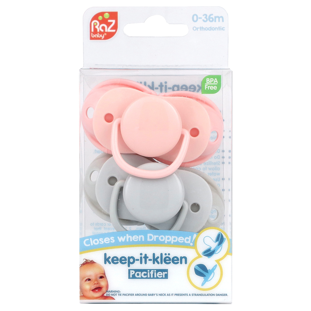 RaZbaby, Пустышка Keep-It-Kleen, для детей 0–36 мес, розовая и серая, 2 шт.