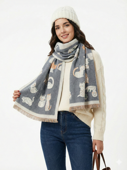 Двусторонний женский шарф с котятами, экокашемир, серый, Китай