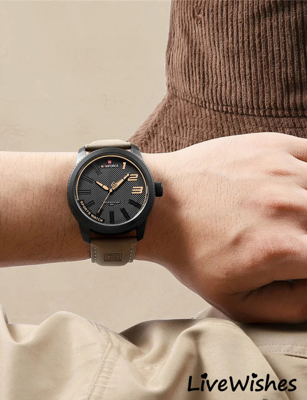 Часы наручные кварцевые NAVIFORCE на кожаном ремешке, черный/коричневый W8950-05