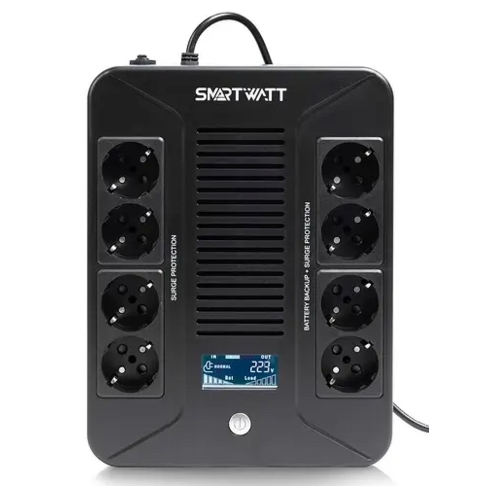 Источник бесперебойного питания SMARTWATT UPS SAFE PRO LCD 600 (линейно-интерактивный, 600/360 ВА/Вт, напольный/настенный, LCD дисплей, Shuko CEE7/4 - 8 шт. (4 шт. с резервным питанием, 4 шт. - сетевой фильтр)