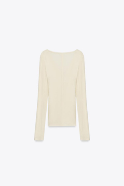 ZARA ФУТБОЛКА С V-ОБРАЗНЫМ ВЫРЕЗОМ, ВАНИЛЬНЫЙ