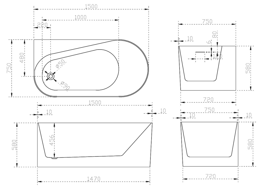Акриловая ванна ABBER AB9496-1.5 L белая