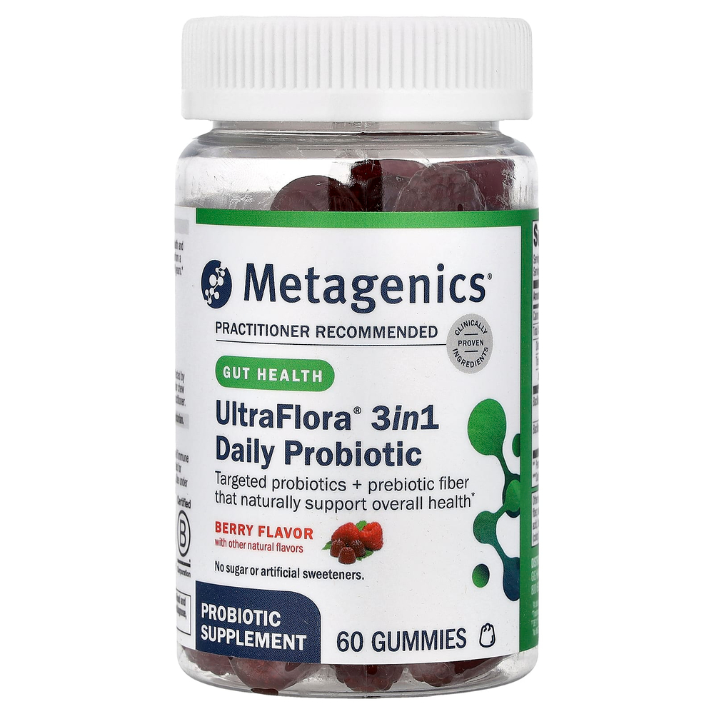Metagenics, UltraFlora® 3-в-1, ежедневный пробиотик, со вкусом ягод, 60 жевательных таблеток