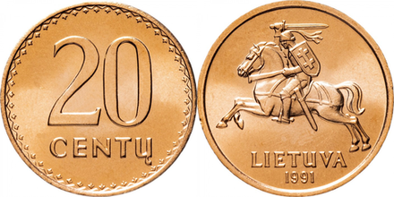 Литва 20 центов, 1991 Рыцарь XF