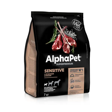 AlphaPet Superpremium полнорационный сухой корм для взрослых собак мелких пород с чувствительным пищеварением, с ягненком и рисом 7 кг