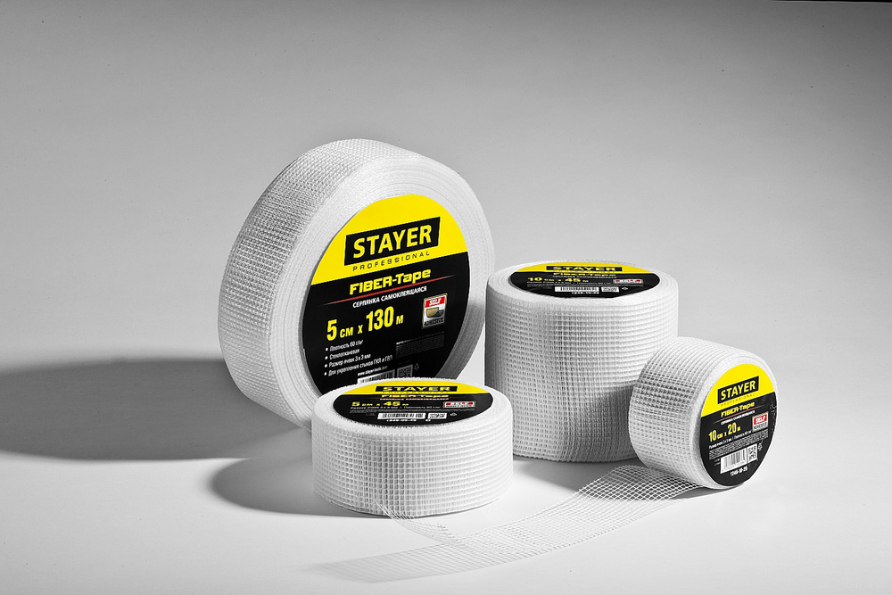 STAYER FIBER-Tape, 5 см х 130 м, 3 х 3 мм, самоклеящаяся серпянка, Professional (1246-05-130)