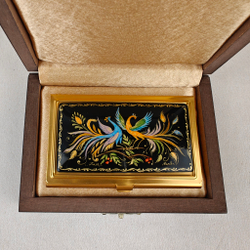 Визитница "Две Жар-птицы" (роспись Палех) желт.