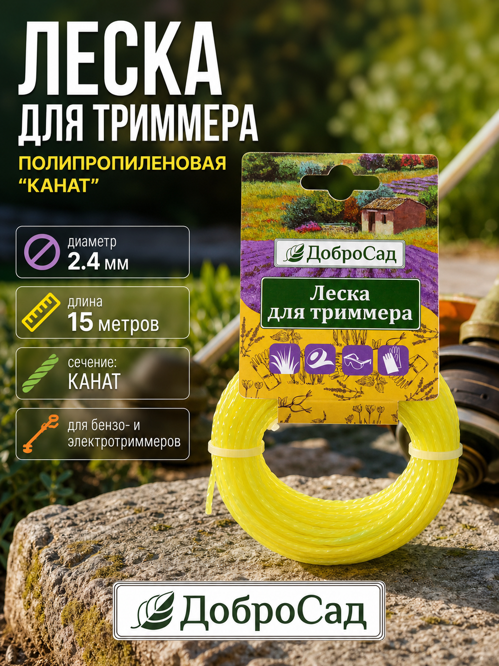 Леска для триммера 2,4мм*15м канат ДоброСад