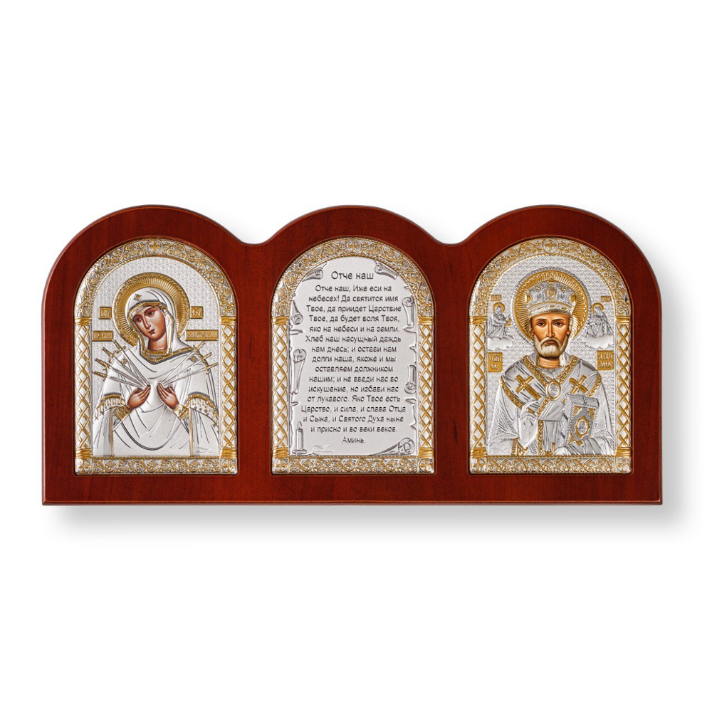 Триптих, Семистрельная БМ, Николай, Молитва, икона, красное дерево 320х160