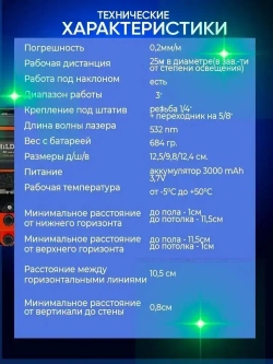 Лазерный уровень нивелир самовыравнивающийся строительный/16 линий 4D/Зеленый луч/ 360 градусов
