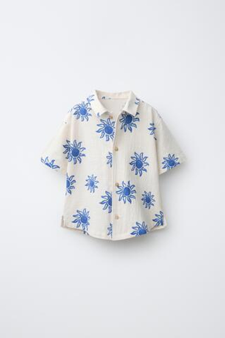 ZARA РУБАШКА С ПРИНТОМ «СОЛНЦЕ», ЭКРЮ/СИНИЙ