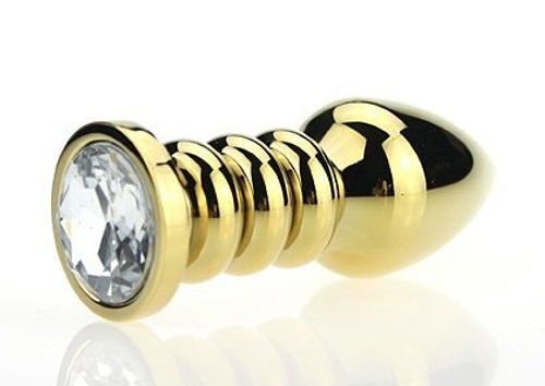 Золотистая фигурная анальная пробка с прозрачным стразом - 10,3 см.