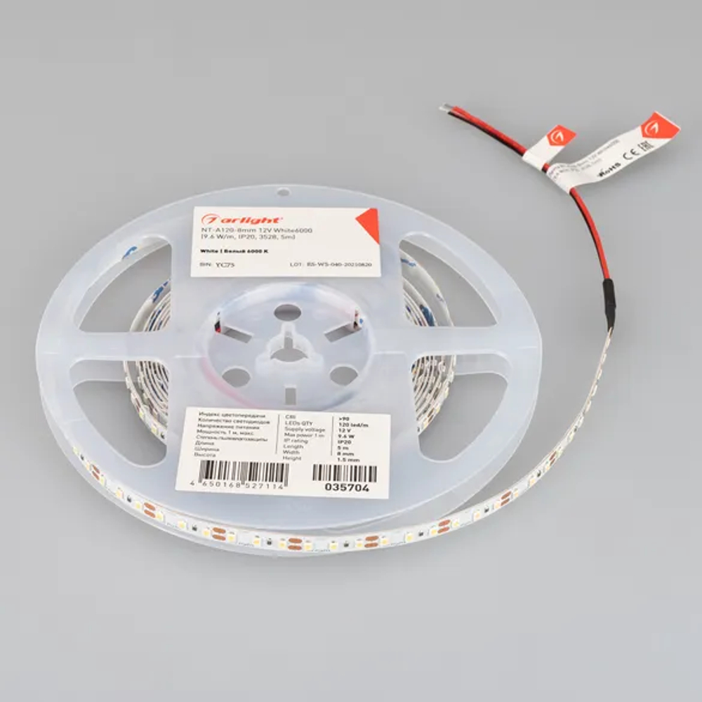 Светодиодная лента NT-A120-8mm 12V White6000 (9.6 W/m, IP20, 3528, 5m) (Arlight, Открытый) 035704