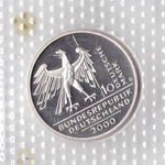 10 марок. 10 лет объединения Германии (G). Серебро. 2000 г. PROOF. В родной запайке