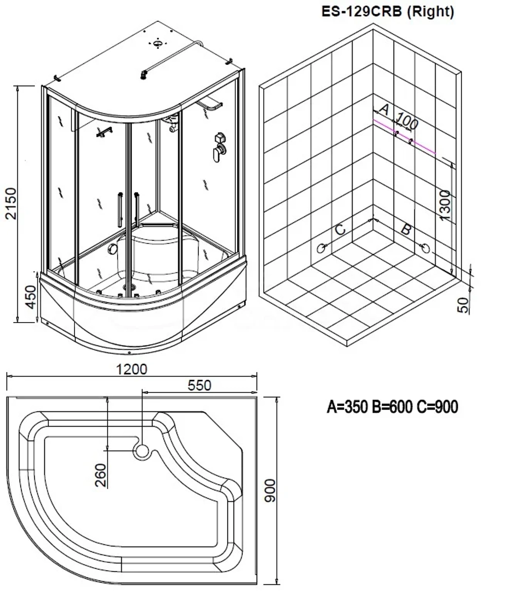 Душевая кабина Esbano (Эсбано) EST-129CRB R, с высоким поддоном, 120x90x210