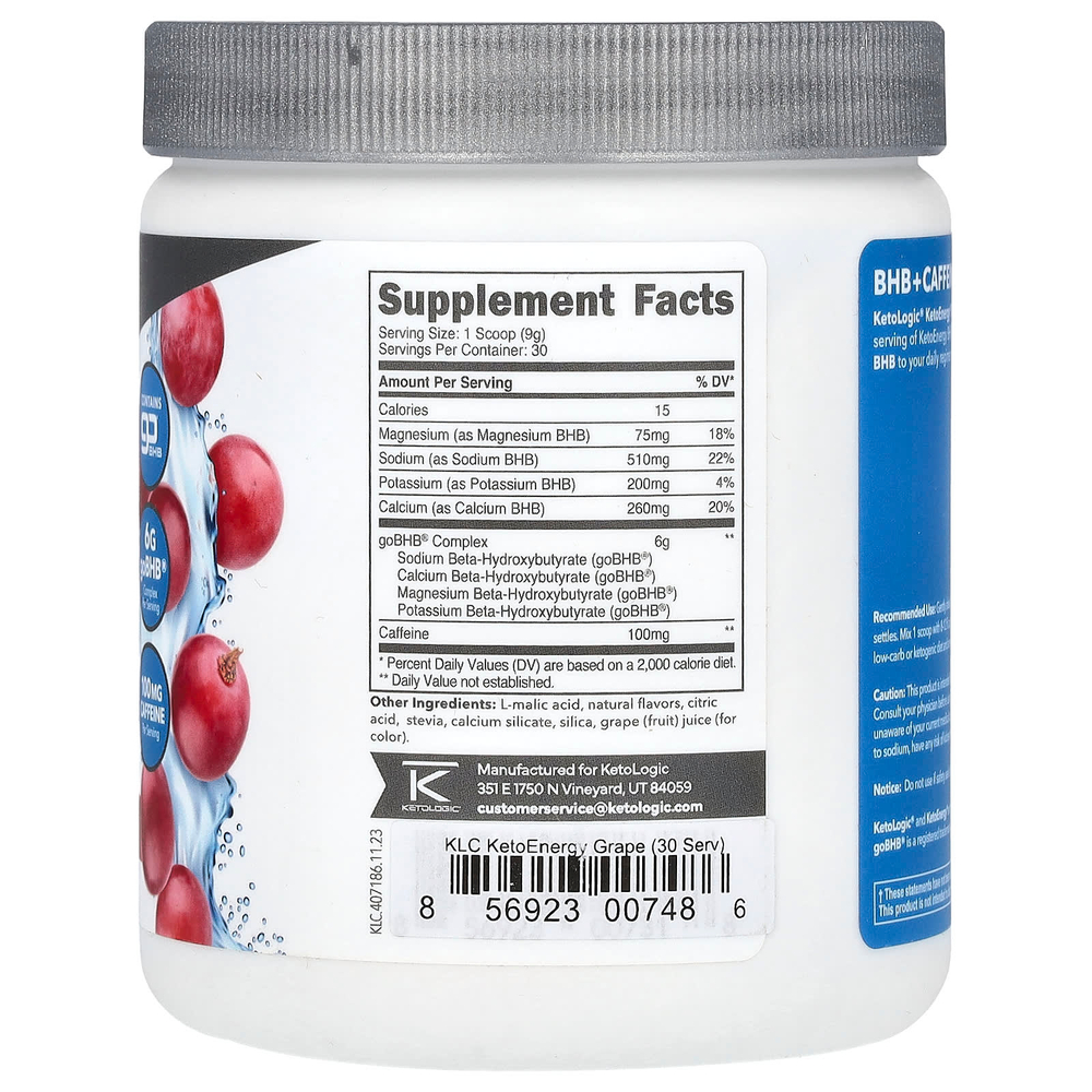 KetoLogic, Keto Energy, BHB с кофеином, со вкусом винограда, 255 г (9,1 унции)