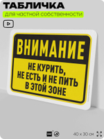Табличка для частной территории "Внимание, не курить, не есть и не пить в этой зоне", на дом, для участка и организаций, предупреждающая, 40х30 см, Silver Plane x Айдентика Технолоджи
