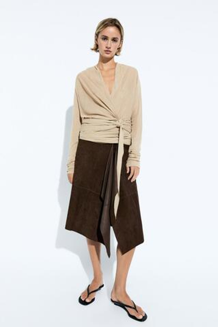 Massimo Dutti Замшевая кожаная юбка миди с оборками, коричневый