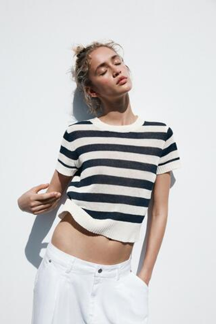 ZARA ТРИКОТАЖНАЯ ФУТБОЛКА В ПОЛОСКУ, ЭКРЮ