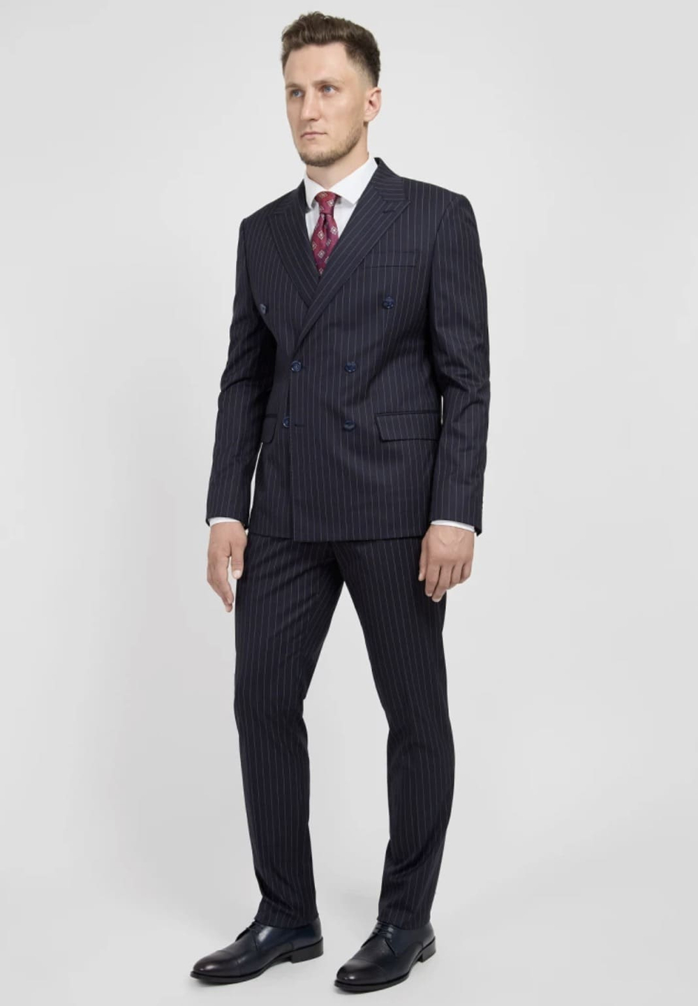 Мужской двубортный костюм в полоску (синий) А34