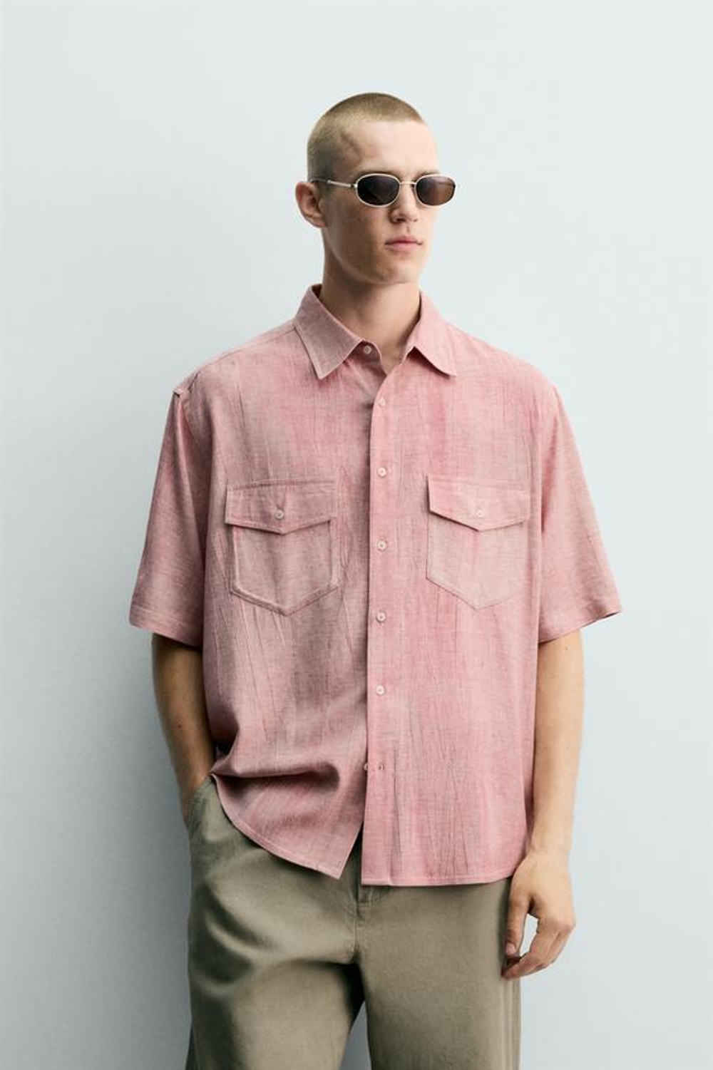 ZARА РУБАШКА RELAXED FIT С ЭФФЕКТОМ ПОТЕРТОСТИ, ПАСТЕЛЬНО-РОЗОВЫЙ