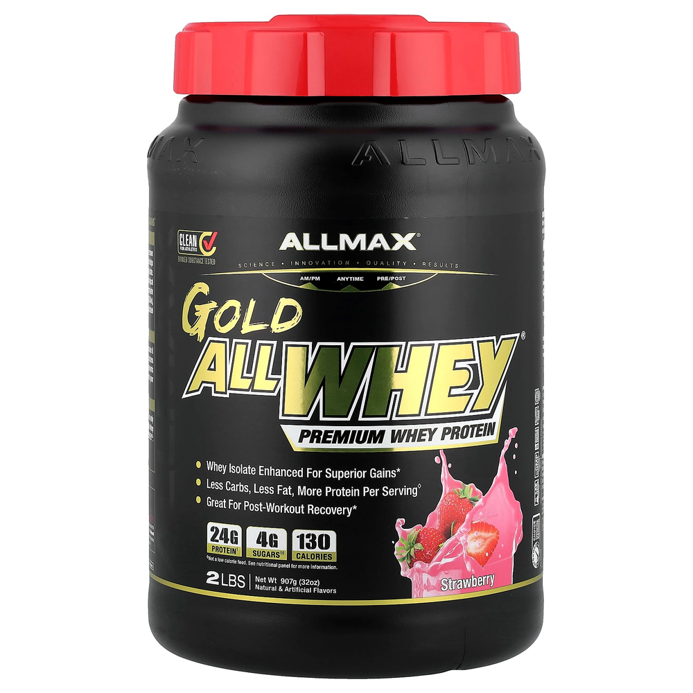 ALLMAX, Gold AllWhey®, сывороточный протеин премиального качества, со вкусом клубники, 907 г (2 фунта)