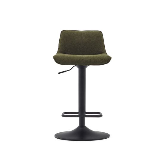 Барный стул Zenda из синели темно-зеленого цвета и черной матовой стали, высота 81–102 см.