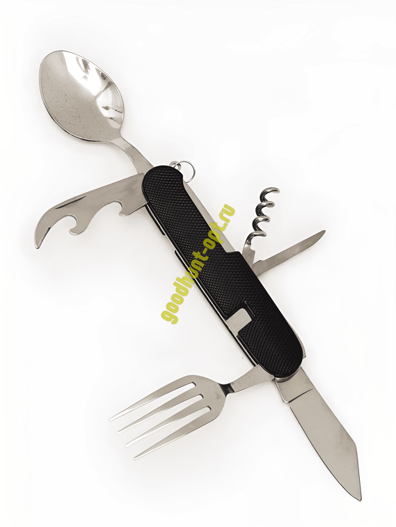 Мультитул 6в1 походный приборы: нож, вилка, ложка, открывашка Черный
