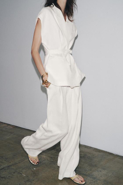 ZARA БРЮКИ ИЗ СМЕСОВОГО ЛЬНА С ЗАЩИПАМИ — ZW COLLECTION, БЕЛЫЙ