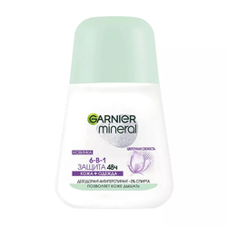 GARNIER Дезодорант-антиперспирант роликовый для тела женский 6-в-1 защита 48ч Mineral, 50 мл