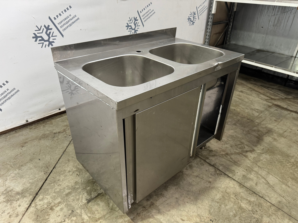 Мойка двухсекционная 1000х600х860 со шкафом купе из нержавеющей стали (основание профиль 4х4)
