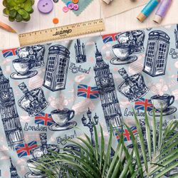 Ткань дюспо корона, чай, биг-бен и великобританский флаг