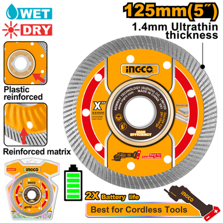 Диск алмазный ультратонкий турбо INGCO DMD051251 INDUSTRIAL 125x22,2 мм