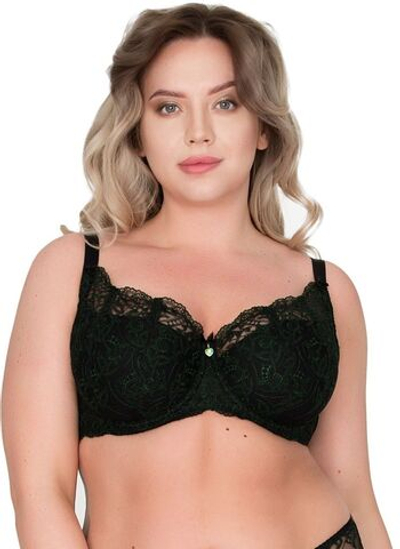 Бюстгальтер с чашкой +size на тонком поролоне и изысканной зелёной вышивкой (Размер: 100F) (Цвет: черный)