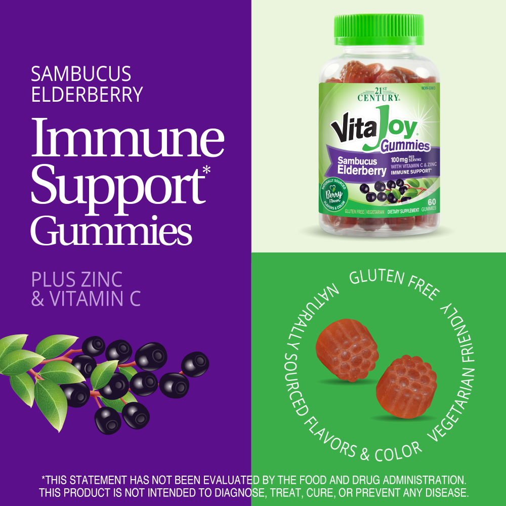 21st Century, VitaJoy® Sambucus, жевательные мармеладки с витамином C и цинком, со вкусом ягод, 60 жевательных таблеток