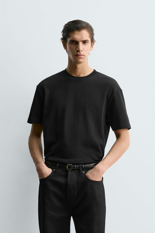 ZARA ФУТБОЛКА RELAXED FIT INTERLOCK, ЧЕРНЫЙ