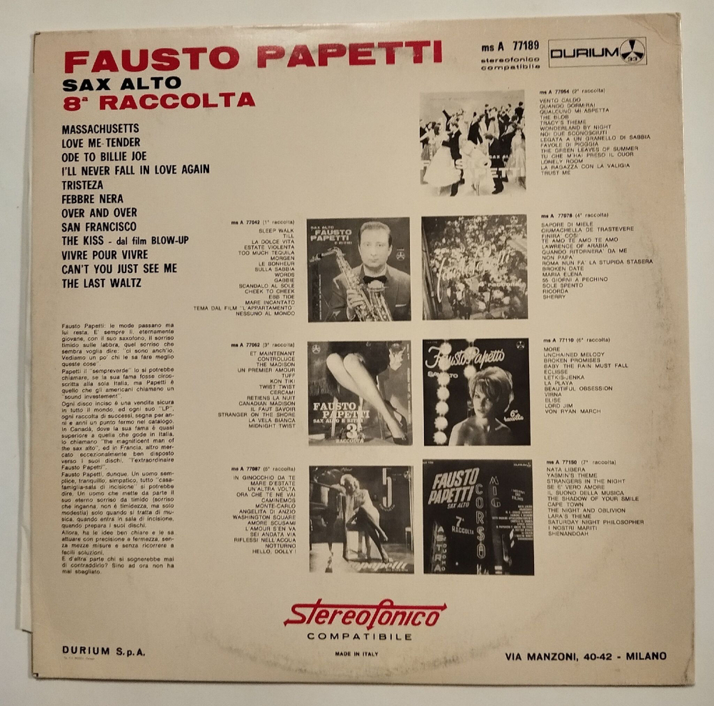 Винтажная виниловая пластинка LP Fausto Papetti 8a Raccolta (Italy 1968)