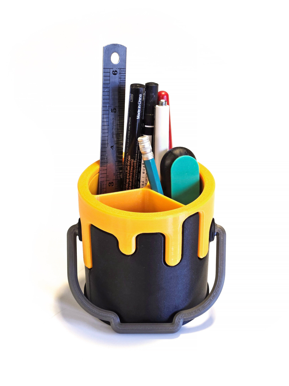 Карандашница "Ведро с краской", 9 см высота, 3D печать, черная с оранжевым
